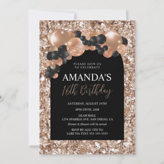 Zwarte en Roos gouden ballonArch Birthday Kaart (Voorkant)