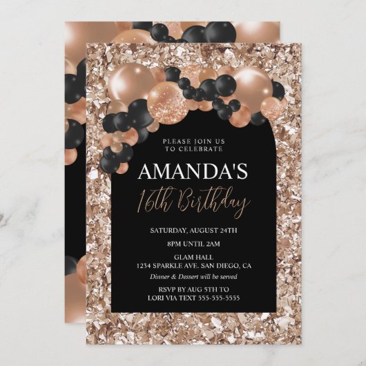 Zwarte en Roos gouden ballonArch Birthday Kaart (Voorkant / Achterkant)