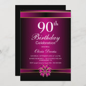 Zwarte en roze 90ste verjaardagsfeest kaart (Voorkant / Achterkant)