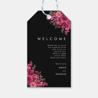 Zwarte en roze blad trouw welkomstcadeautaggen cadeaulabel