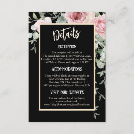 Zwarte en Roze Bloemen Boho Wedding Details Informatiekaartje