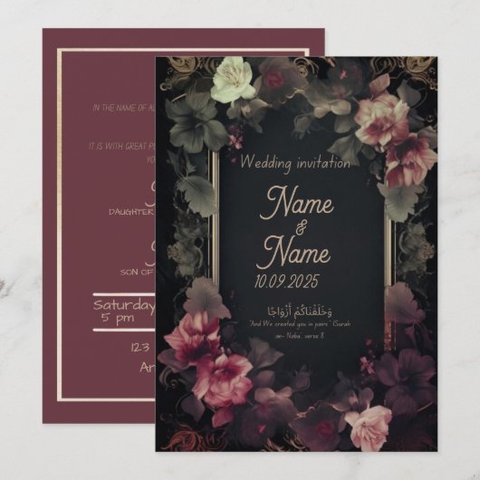 Zwarte en roze bloemen bruiloft uitnodiging (Voorkant / Achterkant)