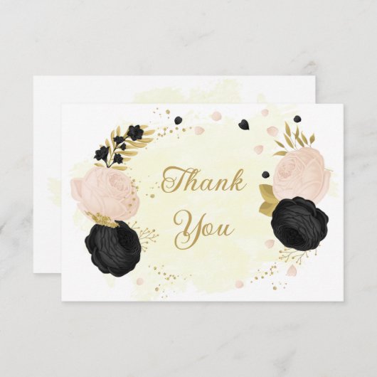 zwarte en roze bloemen goud botanische bruiloft be bedankkaart (Voorkant / Achterkant)