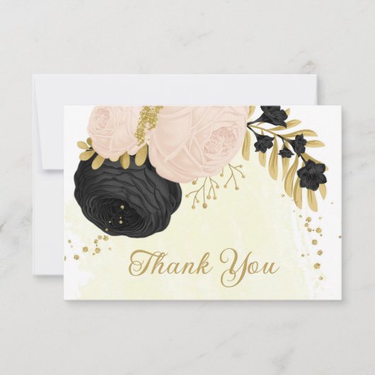 zwarte en roze bloemen gouden botanische bruiloft bedankkaart (Voorkant)