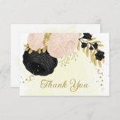 zwarte en roze bloemen gouden botanische bruiloft bedankkaart (Voorkant / Achterkant)