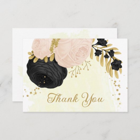 zwarte en roze bloemen gouden botanische bruiloft bedankkaart (Voorkant / Achterkant)