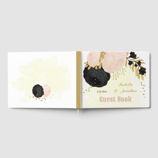 zwarte en roze bloemen gouden botanische bruiloft gastenboek (Volledig)