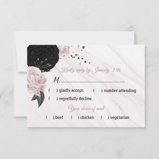 zwarte en roze bloemen marmeren keuze RSVP kaartje (Voorkant)