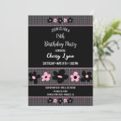 Zwarte en Roze Bloemen Pinstripe Verjaardag Kaart (Staand voorkant)