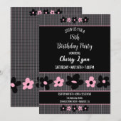 Zwarte en Roze Bloemen Pinstripe Verjaardag Kaart (Voorkant / Achterkant)