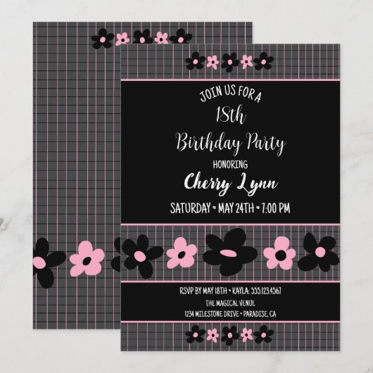 Zwarte en Roze Bloemen Pinstripe Verjaardag Kaart (Voorkant / Achterkant)