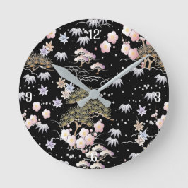 Zwarte en Roze Cherry Blossom Floral Modern Asian Ronde Klok