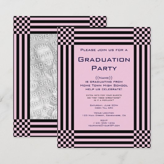 Zwarte en roze controleurs Stripes Graduparty Kaart (Voorkant / Achterkant)