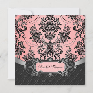 Zwarte en Roze Damask Bridal Shower-uitnodigingen Kaart
