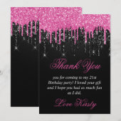 Zwarte en Roze druppelaar Glitter Birthday Bedankkaart (Voorkant / Achterkant)