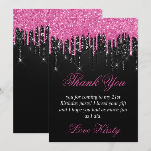 Zwarte en Roze druppelaar Glitter Birthday Bedankkaart (Voorkant / Achterkant)
