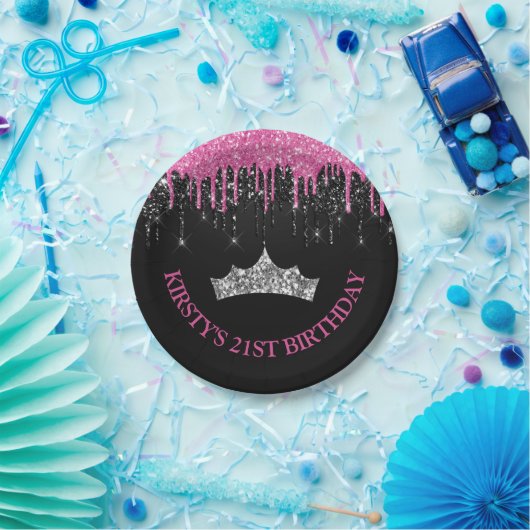 Zwarte en Roze druppelaar Glitter Birthday Papieren Bordje (Feest)