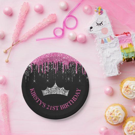 Zwarte en Roze druppelaar Glitter Birthday Papieren Bordje (Feest)
