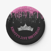 Zwarte en Roze druppelaar Glitter Birthday Papieren Bordje (Voorkant)