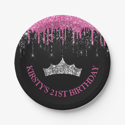 Zwarte en Roze druppelaar Glitter Birthday Papieren Bordje (Voorkant)