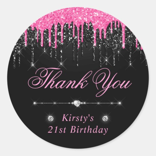 Zwarte en Roze druppelaar Glitter Birthday Ronde Sticker (Voorkant)