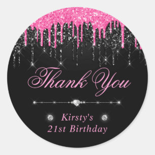 Zwarte en Roze druppelaar Glitter Birthday Ronde Sticker