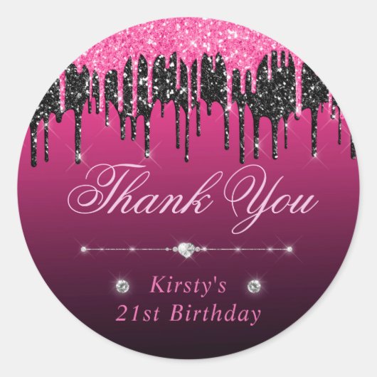 Zwarte en Roze druppelaar Glitter Birthday Ronde Sticker (Voorkant)