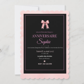 Zwarte en roze elegante verjaardagsuitnodiging kaart