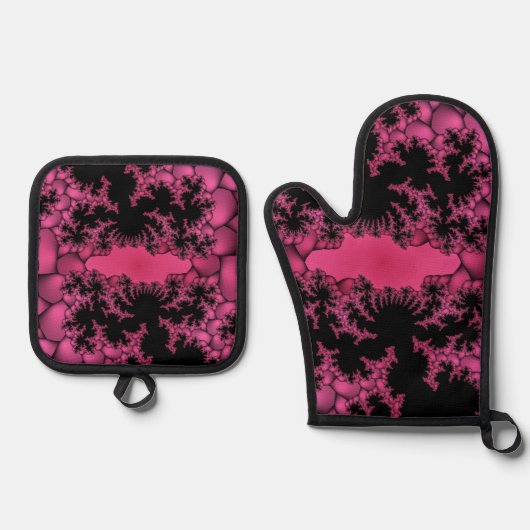 Zwarte en roze fractal ovenwant & pannenlap set (Voorkant)