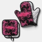Zwarte en roze fractal ovenwant & pannenlap set (Voorkant / Achterkant)