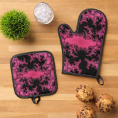 Zwarte en roze fractal ovenwant & pannenlap set (Top down)