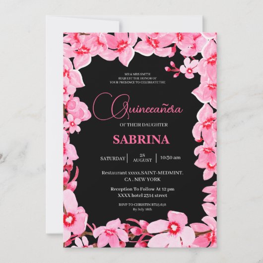 Zwarte en roze Girly Cherry Blossom Quinceanera Kaart (Voorkant)