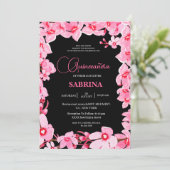 Zwarte en roze Girly Cherry Blossom Quinceanera Kaart (Staand voorkant)