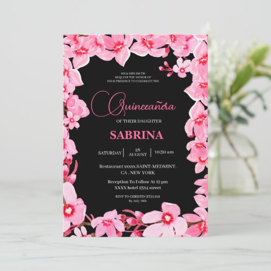 Zwarte en roze Girly Cherry Blossom Quinceanera Kaart (Staand voorkant)
