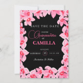 Zwarte en roze Girly Cherry Blossom Quinceanera Save The Date (Voorkant)