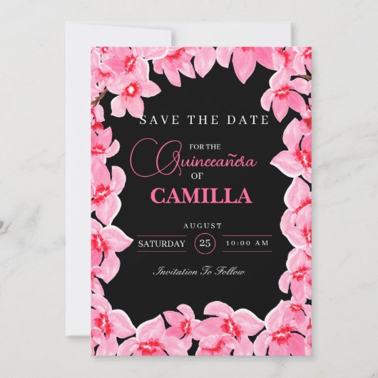 Zwarte en roze Girly Cherry Blossom Quinceanera Save The Date (Voorkant)