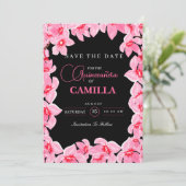 Zwarte en roze Girly Cherry Blossom Quinceanera Save The Date (Staand voorkant)
