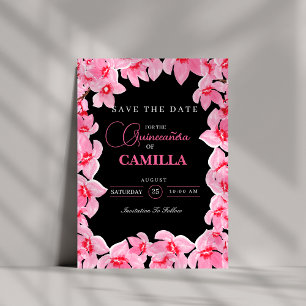 Zwarte en roze Girly Cherry Blossom Quinceanera Save The Date