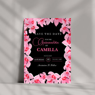 Zwarte en roze Girly Cherry Blossom Quinceanera Save The Date