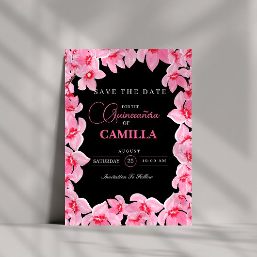 Zwarte en roze Girly Cherry Blossom Quinceanera Save The Date