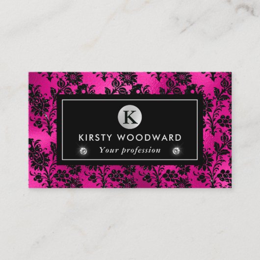 Zwarte en Roze Glitter Bloemen Glampatroon Visitekaartje (Voorkant)