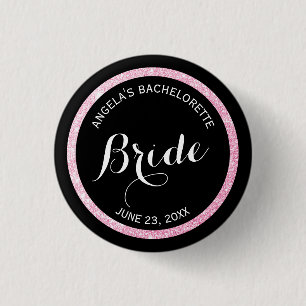 Zwarte en Roze Glitter Bruiden Bachelorette Party Ronde Button 3,2 Cm