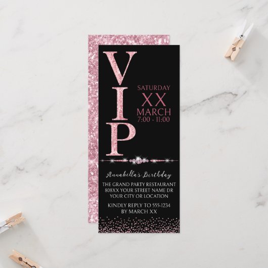 Zwarte en Roze Glitter VIP Ticket Kaart (Voorkant / Achterkant in situ)