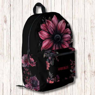 Zwarte en Roze Gotische Bloemen Moderne Monogram Bedrukte Rugzak