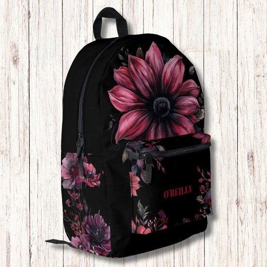 Zwarte en Roze Gotische Bloemen Moderne Monogram Bedrukte Rugzak