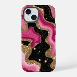 Zwarte en roze gouden agaat iPhone 15 case