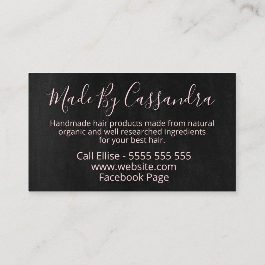 Zwarte en roze handgemaakte natuurlijke haarproduc visitekaartje (Achterkant)