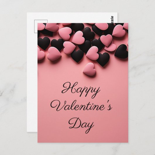 Zwarte en roze harten op roze grond Valentijns's Briefkaart (Voorkant / Achterkant)