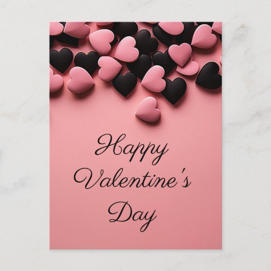 Zwarte en roze harten op roze grond Valentijns's Briefkaart (Voorkant)
