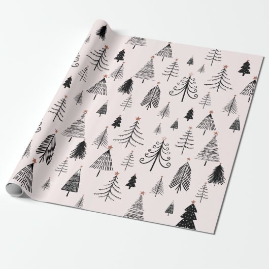 Zwarte en roze kerstboom cadeaupapier (Uitgerold)